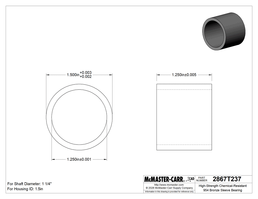 Technical Drawing of High-Strength Chemical-Resistant 954 Bronze Sleeve Bearing, for 1-1/4" Shaft Diameter and 1-1/2" Housing ID, 1-1/4" Long.